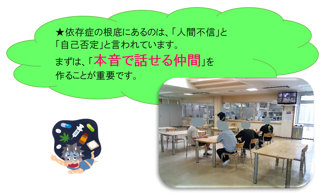 ★依存症の根底にあるのは、「人間不信」と「自己否定」と言われています。まずは、「本音で話せる仲間」を作ることが重要です。